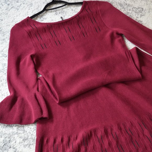Nic & Zoe Burgundy Illusion Twirl Knit Sweater Dress Womens Size XS Bell Sleeves - Picture 11 of 15